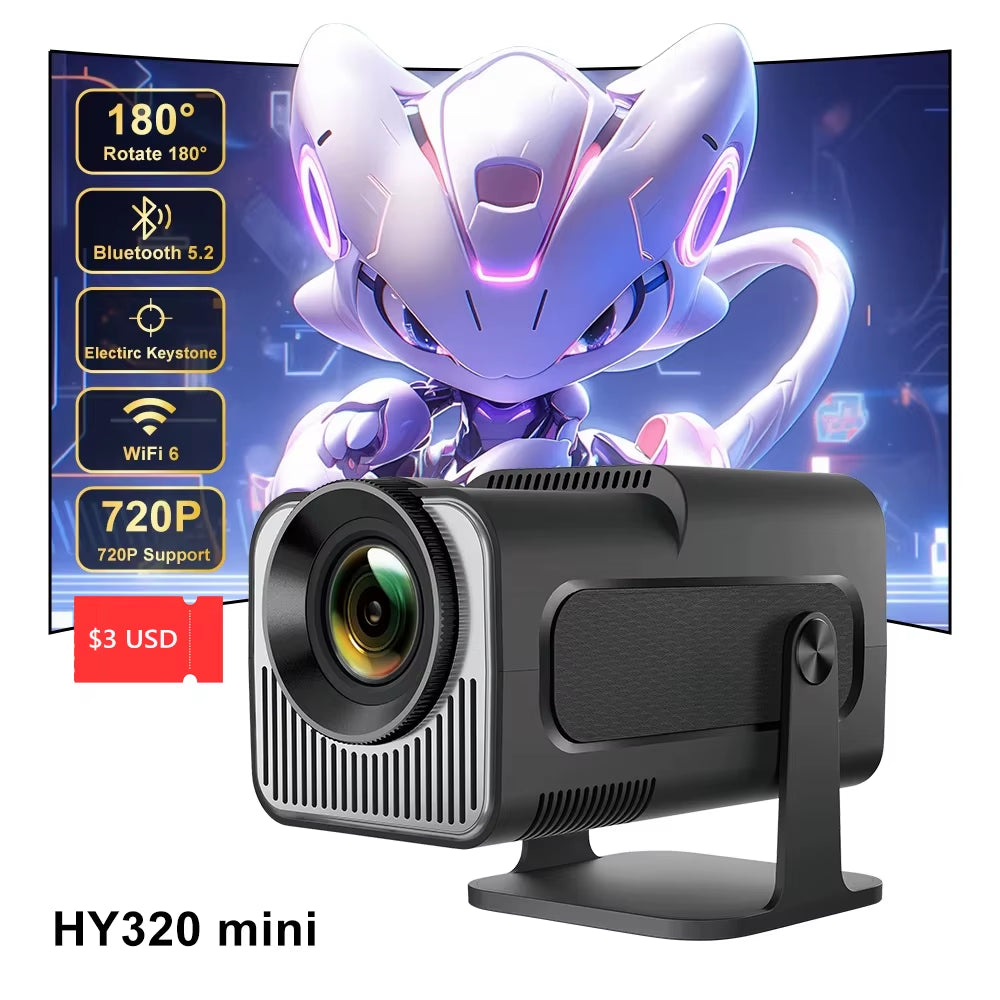 Hy320Mini Projector  Portable 4K 8K Video Support Native 720P Cinema Outdoor Android 11 Beam Projetor Upgraded Version